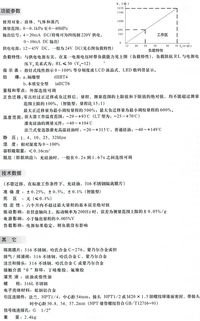 差压压力变送器技术参数对照表